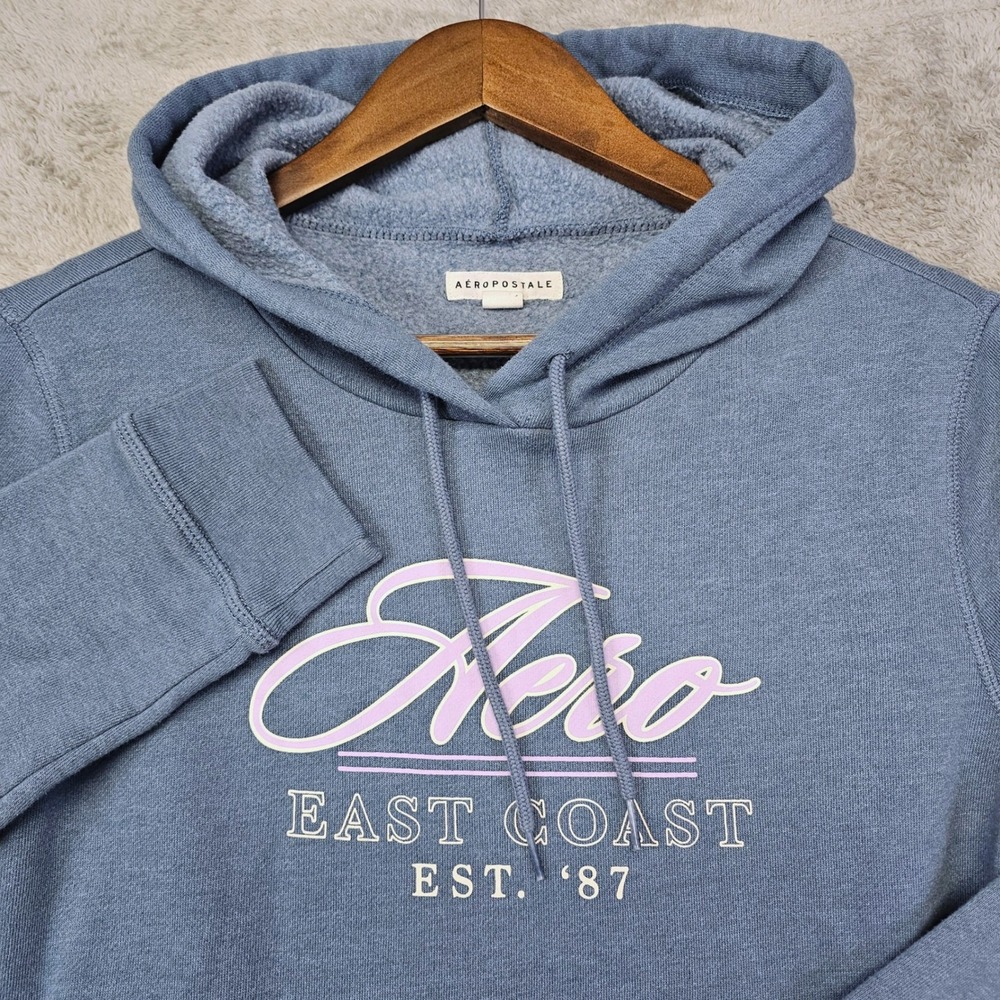 Aeropostale East Coast Hoodie Blue M Women's Cropped Logo Pullover‎ Sweatshirt - Picture 2 of 4